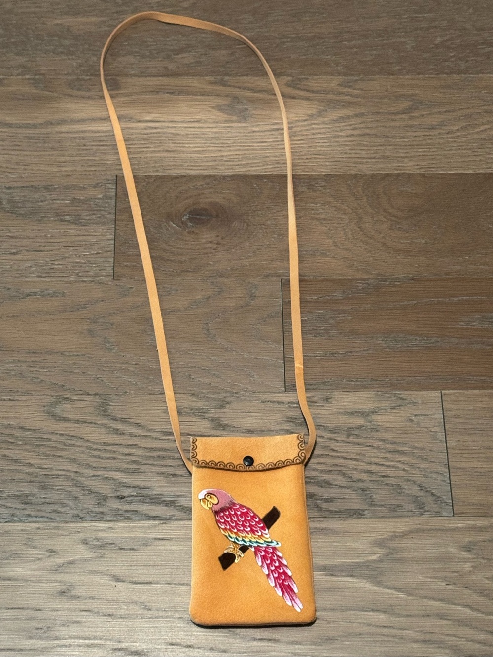Suede Leather Cell Phone Crossbody Purse Hand-painted Parrot Made in Mexico